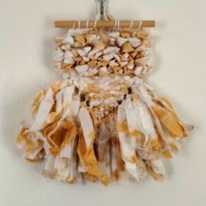 Macrame Owl tie dyed material strips tan and white wall decor boho